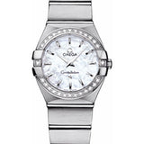 Omega Ladies Constellation Quartz Watch - 24 mm Brushed Steel Case - Diamond Bezel - Mother-Of-Pearl Dial - 123.15.24.60.05.001