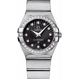 Omega Ladies Constellation Quartz Watch - 24 mm Brushed Steel Case - Diamond Bezel - Black Diamond Dial - 123.15.24.60.51.001