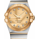 Omega Gents Constellation Chronometer Watch - 38 mm Brushed Steel And Yellow Gold Case - Champagne Diamond Dial - 123.20.38.21.58.001