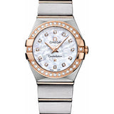 Omega Ladies Constellation Quartz Watch - 24 mm Brushed Steel And Red Gold Case - Diamond Bezel - Mother-Of-Pearl Diamond Dial - 123.25.24.60.55.001