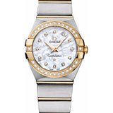 Omega Ladies Constellation Quartz Watch - 24 mm Brushed Steel And Yellow Gold Case - Diamond Bezel - Mother-Of-Pearl Diamond Dial - 123.25.24.60.55.003