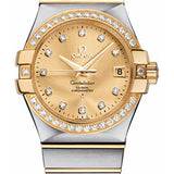 Omega Gents Constellation Chronometer Watch - 35 mm Brushed Steel And Yellow Gold Case - Diamond Bezel - Champagne Diamond Dial - 123.25.35.20.58.001