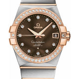 Omega Gents Constellation Chronometer Watch - 38 mm Brushed Steel And Red Gold Case - Diamond Bezel - Brown Diamond Dial - 123.25.38.21.63.001