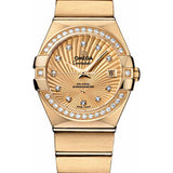 Omega Ladies Constellation Chronometer Watch - 27 mm Brushed Yellow Gold Case - Diamond Bezel - Champagne Supernova Diamond Dial - 123.55.27.20.58.001