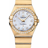 Omega Ladies Constellation Quartz Watch - 27 mm Brushed Yellow Gold Case - Diamond Bezel - Mother-Of-Pearl Diamond Dial - 123.55.27.60.55.003