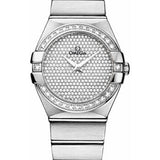 Omega Ladies Constellation Quartz Watch - 27 mm Brushed White Gold Case - Diamond Bezel - Diamond Paved Dial - 123.55.27.60.99.001