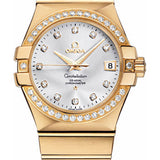 Omega Gents Constellation Chronometer Watch - 35 mm Brushed Yellow Gold Case - Diamond Bezel - Silver Diamond Dial - 123.55.35.20.52.002