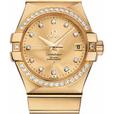 Omega Gents Constellation Chronometer Watch - 35 mm Brushed Yellow Gold Case - Diamond Bezel - Champagne Diamond Dial - 123.55.35.20.58.001