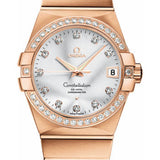 Omega Gents Constellation Chronometer Watch - 38 mm Brushed Red Gold Case - Diamond Bezel - Silver Diamond Dial - 123.55.38.21.52.001
