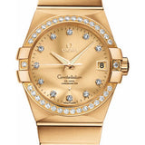 Omega Gents Constellation Chronometer Watch - 38 mm Brushed Yellow Gold Case - Diamond Bezel - Champagne Diamond Dial - 123.55.38.21.58.001