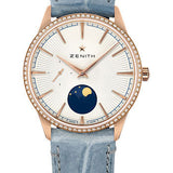 Zenith Elite Moonphase Watch - Rose Gold - Diamond Bezel - Silver Dial - Blue Jean Alligator Strap - 22.3200.692/01.C832