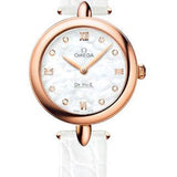 Omega De Ville Prestige Quartz Dewdrop Watch - 27.4 mm Red Gold Case - Mother-Of-Pearl Dial - White Leather Strap - 424.53.27.60.55.002