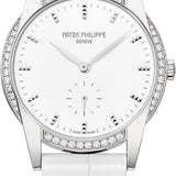 Patek Philippe Ladies Calatrava 33mm White Hobnail Index Diamond Bezel White Gold Leather - 7122-200G-001