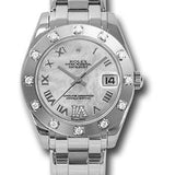 Rolex White Gold Datejust Pearlmaster 34 Watch - 12 Diamond Bezel - White Mother-Of-Pearl Roman Dial - 81319 mdr