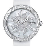 Chanel Mademoiselle Prive Automatic Watch - White Gold Diamond Case - Pearl Marquetry And Sun Motif Diamond Dial - White Satin Strap - H4530