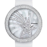 Chanel Mademoiselle Prive Quartz Watch - White Gold Diamond Case - Pearl Marquetry And Comet Motif Diamond Dial - White Satin Strap - H4531