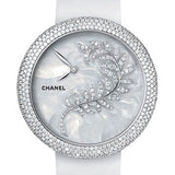 Chanel Mademoiselle Prive Quartz Watch - White Gold Diamond Case - Mother Of Pearl Marquetry And Feather Motif Diamond Dial - White Satin Strap - H4587
