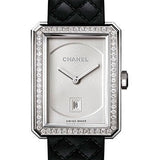 Chanel BOYFRIEND Quartz Watch - Medium Steel Case - Diamond Bezel - Opaline Dial - Black Strap - H6402