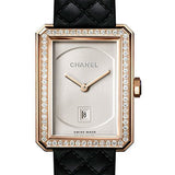 Chanel BOYFRIEND Quartz Watch - Medium Beige Gold Case - Diamond Bezel - Opaline Dial - Black Strap - H6591