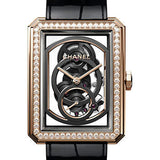 Chanel BOYFRIEND Skeleton Manual-Wind Watch - Large Beige Gold Case - Diamond Bezel - Black Strap - H6595