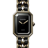 Chanel Premiere edition Originale - Steel Case - Black Dial - Steel Chain Bracelet Coated With 18K Yellow Gold (0.1 Micron) Interwoven With Black Leather Strap - Steel Chain Bracelet - H6951
