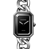 Chanel Premiere Gourmette Chain Quartz Watch - Large Steel Case - Black Dial - Steel Chain Bracelet - H7018