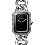 Chanel Premiere Gourmette Chain Quartz Watch - Large Steel Diamond Case - Black Dial - Steel Chain Bracelet - H7020
