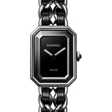Chanel Premiere Iconic Chain Quartz Watch - Steel Case - Black Dial - Steel Chain Bracelet Interwoven With Black Leather Strap - Steel Chain Bracelet - H7022