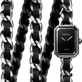 Chanel Premiere Iconic Chain Quartz Watch - Steel Case - Black Dial - Triple Row Steel Chain Bracelet Interwoven With Black Leather Strap - Triple Row Steel Chain Bracelet - H7023