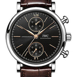 IWC Portofino Chronograph 39 Watch - Stainless Steel Case - Black Dial - Dark Brown Alligator Leather Strap - IW391404