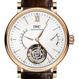 IWC Portofino Hand-Wound Tourbillon Retrograde Watch - 45.0 mm 5N Gold Case - Silver Dial - Dark Brown Alligator Strap - IW516501