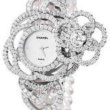 Chanel Camelia Jewelry Watch - Secret Watch With Embroidered Camellia Motif - Large White Gold Case - Cultured Pearls Bracelet - J10576
