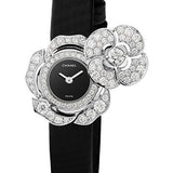 Chanel Camelia Jewelry Quartz Watch - Secret Watch With Camellia Motif - Diamond Case - Black Satin Strap - J11460