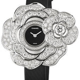 Chanel Camelia Jewelry Quartz Watch - Secret Watch With Camellia Motif - White Gold Case - Black Satin Strap - J11777
