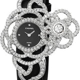 Chanel Camelia Jewelry Watch - Secret Watch With Embroidered Camellia Motif - Large White Gold Case - Black Satin Strap - J3940