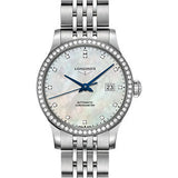 Longines Record Collection Automatic Watch - 30 mm Steel Diamond Case - White Mother-Of-Pearl Diamond Dial - Bracelet - L2.321.0.87.6