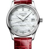 Longines Master Collection Automatic Watch - 34 mm Steel Case - White Mother-Of-Pearl Diamond Dial - Red Alligator Leather Strap - L2.357.4.87.2