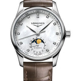 Longines Master Collection Moon Phase Automatic Watch - 34 mm Steel Case - White Mother-Of-Pearl Diamond Dial - Beige Alligator Strap - L2.409.4.87.4