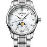 Longines Master Collection Moon Phase Automatic Watch - 34 mm Steel Case - White Mother-Of-Pearl Diamond Dial - Bracelet - L2.409.4.87.6