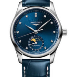 Longines Master Collection Moon Phase Automatic Watch - 34 mm Steel Case - Blue Diamond Dial - Blue Alligator Strap - L2.409.4.97.0