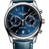 Longines Master Collection Chronograph Small Seconds Automatic Watch - 40 mm Steel Case - Blue Dial - Blue Alligator Strap - L2.629.4.92.0