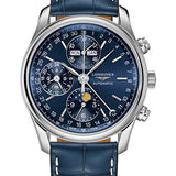 Longines Master Collection Moon Phase Chronograph Small Seconds Watch - 40 mm Steel Case - Blue Dial - Blue Alligator Strap - L2.673.4.92.0