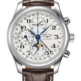 Longines Master Collection Moon Phase Chronograph Small Seconds Watch - 42 mm Steel Case - Silver Barleycorn Arabic Dial - Brown Alligator Strap - L2.773.4.78.3