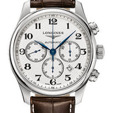 Longines Master Collection Chronograph Small Seconds Watch - 44 mm Steel Case - Silver Barleycorn Arabic Dial - Brown Alligator Strap - L2.859.4.78.3