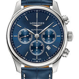 Longines Master Collection Chronograph Small Seconds Watch - 44 mm Steel Case - Blue Dial - Blue Alligator Strap - L2.859.4.92.0