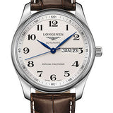 Longines Master Collection Annual Calendar Watch - 40 mm Steel Case - Silver Barleycorn Arabic Dial - Brown Alligator Strap - L2.910.4.78.3