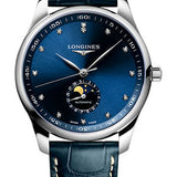Longines Master Collection Moon Phase Automatic Watch - 42 mm Steel Case - Blue Diamond Dial - Blue Alligator Leather Strap - L2.919.4.97.0