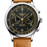 Longines Record Chronograph Small Seconds Automatic Watch - 40 mm Steel Case - Black Arabic Dial - Brown Calf Leather Strap - L2.921.4.56.2
