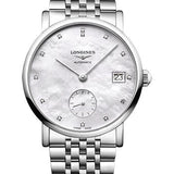 Longines Elegant Collection Small Seconds Automatic Watch - 34.5 mm Steel Case - White Mother-Of-Pearl Diamond Dial - Bracelet - L4.312.4.87.6
