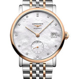 Longines Elegant Collection Small Seconds Automatic Watch - 34.5 mm Steel And Pink Gold Case - White Mother-Of-Pearl Diamond Dial - Steel And Pink Gold Cap 200 Bracelet - L4.312.5.87.7